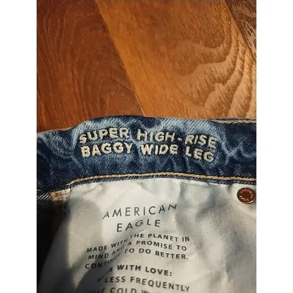 American Eagle Women's 10 Super High Rise Baggy Wide Leg Jeans raw edge frayed - Picture 4 of 6